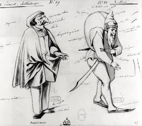Costume design for two acrobats in Benvenuto Cellini by Hector Berlioz, 1838